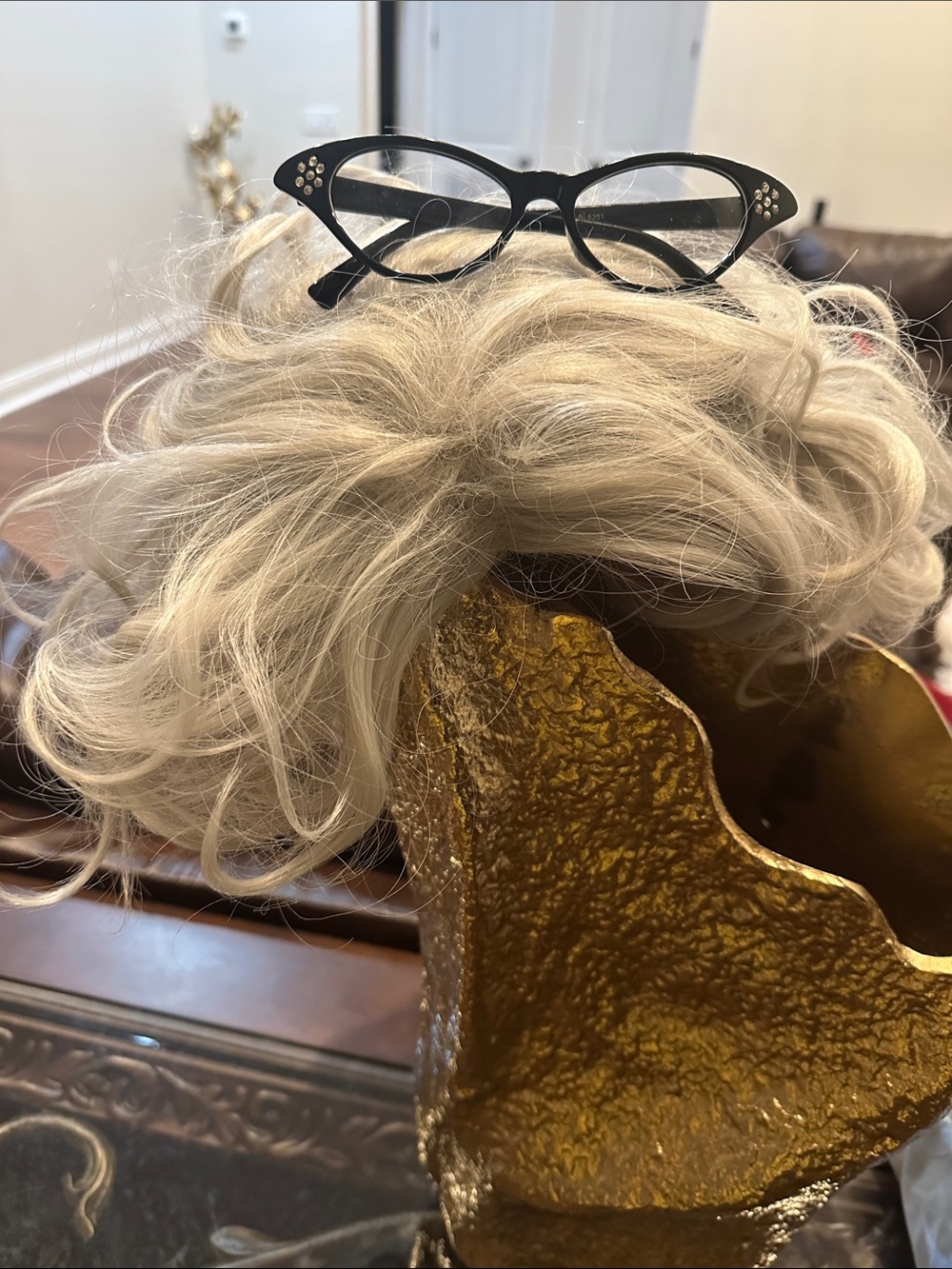 Grey Curly Wig and Black Cat-Eye Reading Glasses with Rhinestone Accents - Black